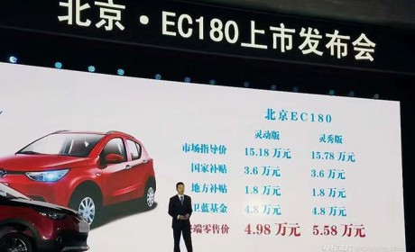 北汽新能源EC180上市 补贴后售价4.98万起
