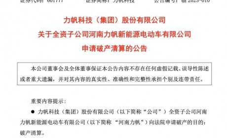 负债近1.9亿 河南力帆新能源申请破产