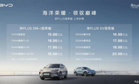 售15.98万起 比亚迪宋PLUS冠军版上市