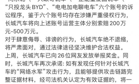 最高索赔500万 长城起诉六位博主侵权