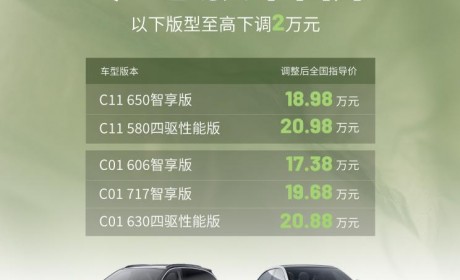 至高下调2万 零跑C11/C01部分车型调价