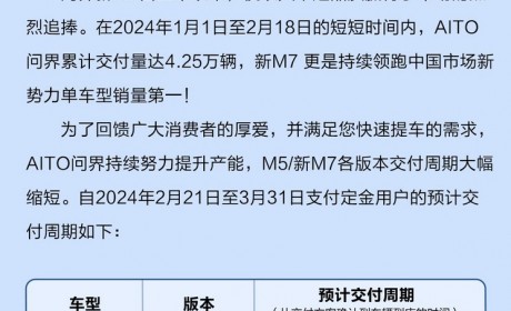 最快两周交付！问界M5/问界M7交付提速