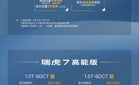 限时售7.99万起 新增1.5T动力 新款瑞虎7高能版/瑞虎7 PLUS上市